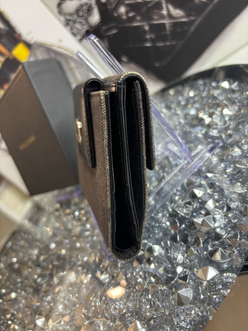BVLGARI Logo Mania Bifold Wallet made of black denim-like canvas & leather EUC - Picture 8 of 17
